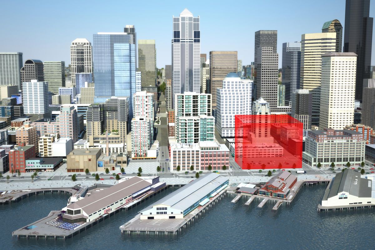 A 2010 illustration shows how the Seattle waterfront will look after the Alaskan Way Viaduct is removed later this year. The Gonzaga University-owned property is the red-shaded block near the image’s right side. (AP)
