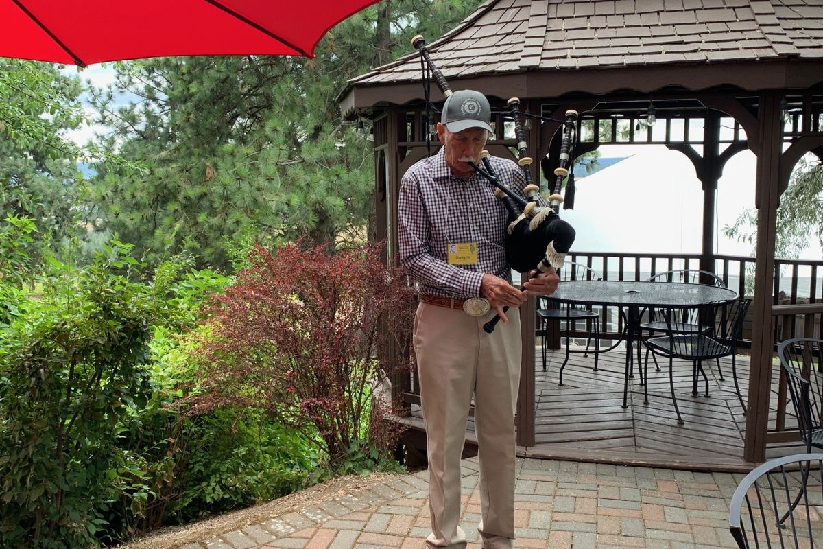 Dwayne Severn plays the bagpipes at the annual reunion of the first graduating classes of Shadle Park High School. (Erik Etherton/The Spokesman-Review)