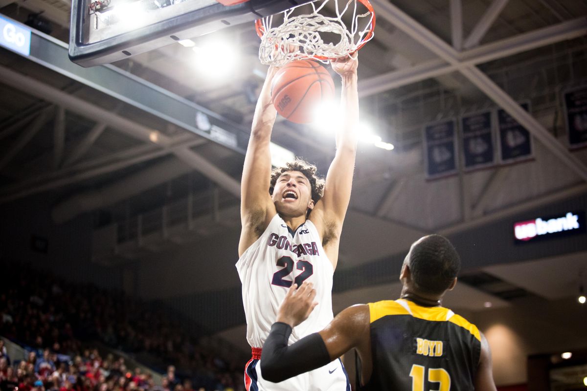 Forward Anton Watson (22) of Gonzaga University gets second dunk of the night in a game against Arkansas Pine-Bluff on Nov. 9, 2019 at the McCarthey Athletic Center in Spokane, Wash. The Zags won 110-60. (Libby Kamrowski / The Spokesman-Review)