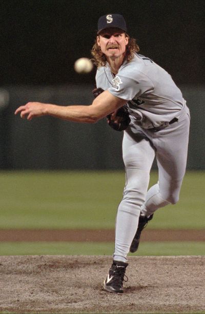 In this May 8, 1997 photo, Seattle Mariners' pitcher Randy Johnson throws to the plate against the Baltimore Orioles in Baltimore. On June 24, 1997 Johnson struck out 19 batters.  (Associated Press)