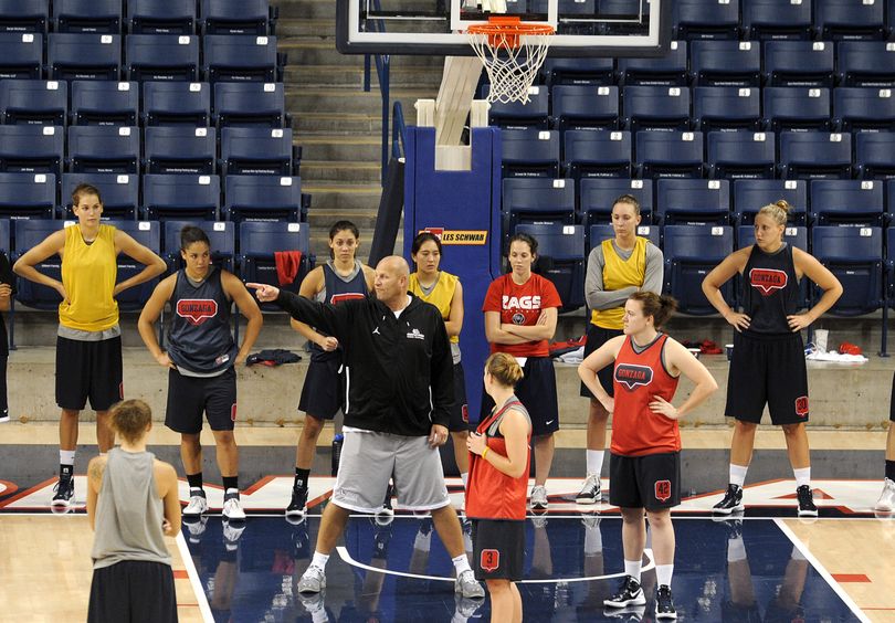 Gonzaga women’s coach Kelly Graves, center, prepares his team for the season opener Friday against Hofstra. (Christopher Anderson)