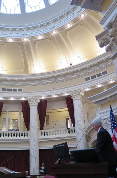 Sen. Dan Johnson, R-Lewiston, argues in favor of SB 1182, the faith-healing bill, on Tuesday, March 21, 2017, in the Idaho Senate. (Betsy Z. Russell)