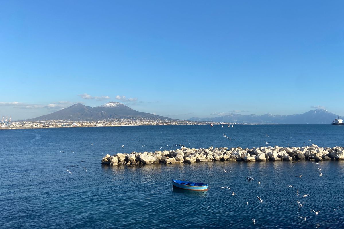 A general view of the sea with the volcano Mount Vesuvius on Feb. 3, 2023, in Naples, Italy.  (Vittorio Zunino Celotto)