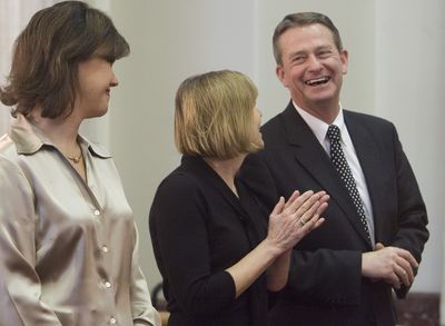 Sen. Brad Little, accompanied by his wife, Teresa, center, and Idaho’s first lady, Lori Otter, appears at a news conference announcing his appointment  as Idaho’s lieutenant governor, replacing Jim Risch, who was sworn in Tuesday in his new role as a U.S. senator.  (Associated Press / The Spokesman-Review)