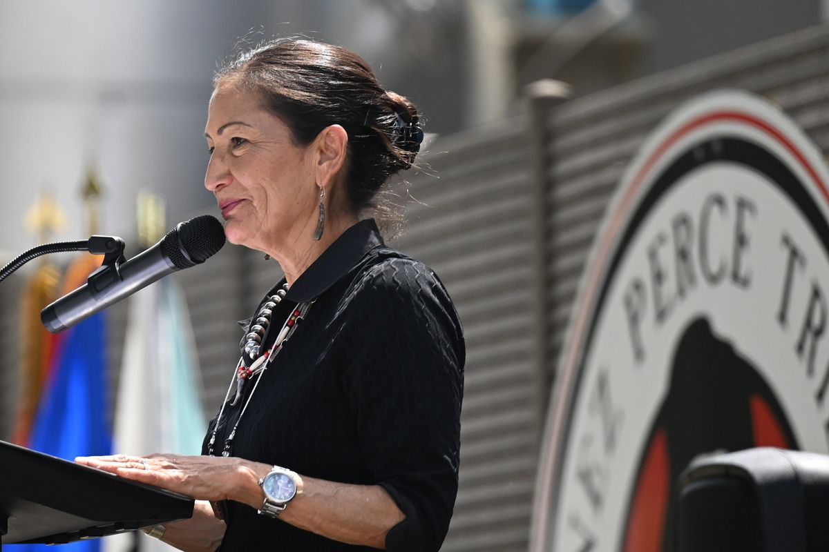 Secretary of the Interior Deb Haaland speaks in June during a signing ceremony in Orofino, Idaho, for the Nez Perce Tribe to take over management of the Dworshak Fish Hatchery.  (Tyler Tjomsland/The Spokesman-Review)