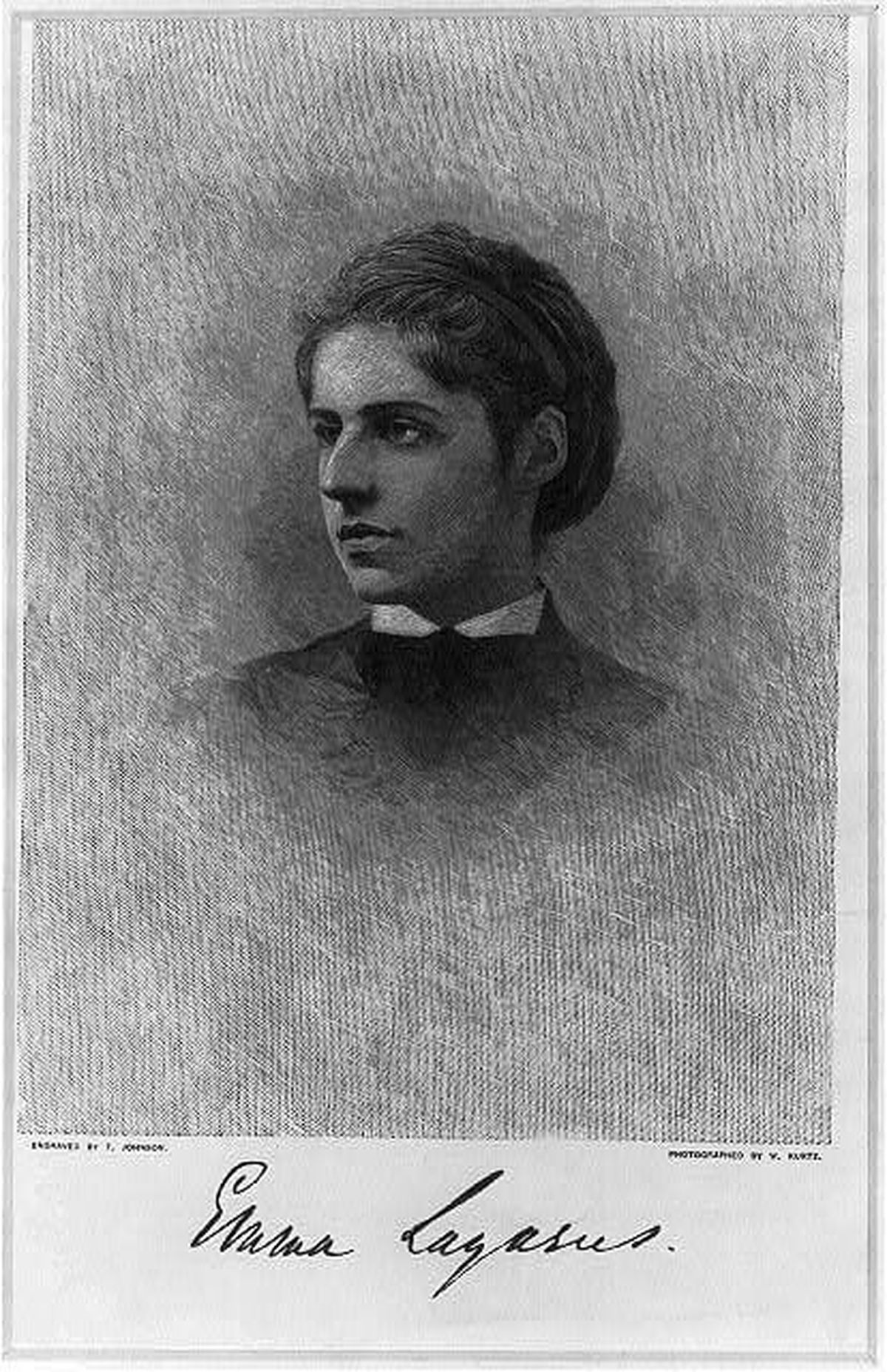 Emma Lazarus / engraved by T. Johnson ; photographed by W. Kurtz.  (LIBRARY OF CONGRESS)