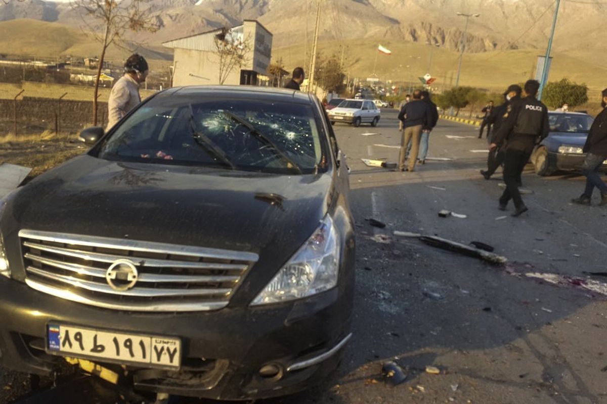 This photo released by the semi-official Fars News Agency shows the scene where Mohsen Fakhrizadeh was killed in Absard, a small city just east of the capital, Tehran, Iran, Friday, Nov. 27, 2020. Fakhrizadeh, an Iranian scientist that Israel alleged led the Islamic Republic