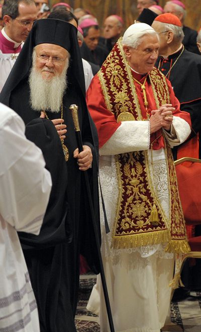 Patriarch Bartholomew and Pope Benedict XVI are shown  after prayers Saturday in the Sistine Chapel at the Vatican. Bartholomew’s visit to the chapel was the first by an Orthodox leader.  (Associated Press / The Spokesman-Review)
