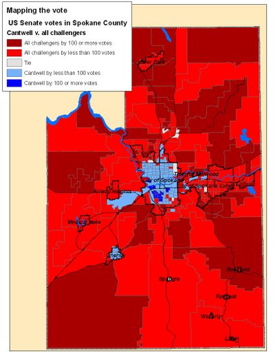 This is a map comparing the vote totals for Maria Cantwell to all of the challengers in the state primary for the U.S. Senate seat. (Jim Camden)