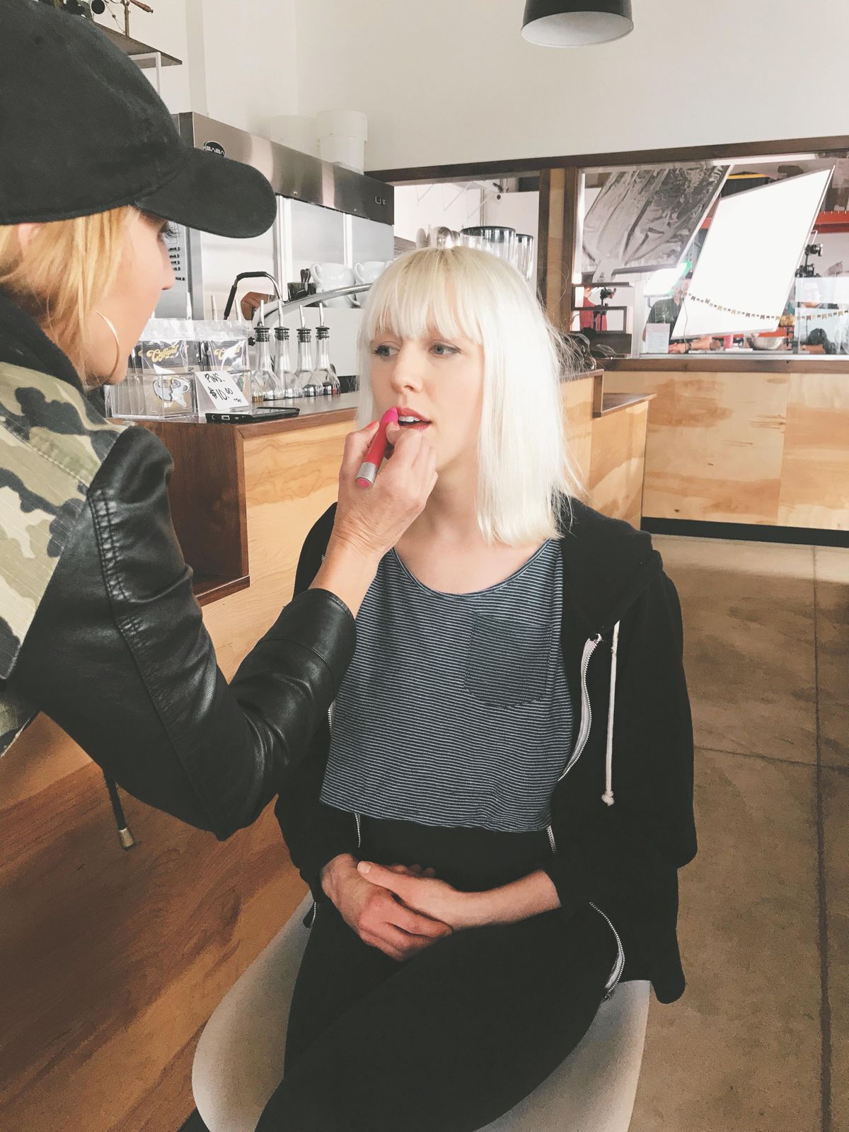 Lindsay Johnston of Donna Donna gets her make-up done at the new Indaba and Hello Sugar coffee-and-doughnut shop in Spokane’s Kendall Yards neighborhood for the “Lights Like Us” video shoot last weekend. (Heidi Miller)