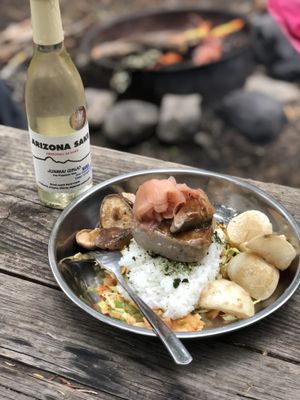 Seared ahi tuna was the star of this sushi rice bowl, enjoyed by the campfire at Mount Rainier National Park. (Leslie Kelly)