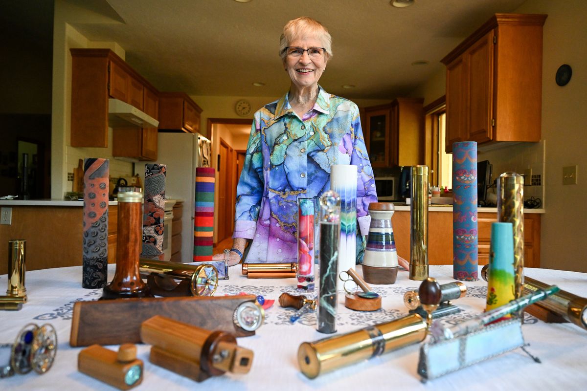 Jan Abrams of Spokane has collected kaleidoscopes for many years, everything from handmade works of art to simple cardboard tubes fitted with mirrors. She had to downsize her collection when she moved into retirement housing, but she still has many.  (Jesse Tinsley/THE SPOKESMAN-REVIEW)