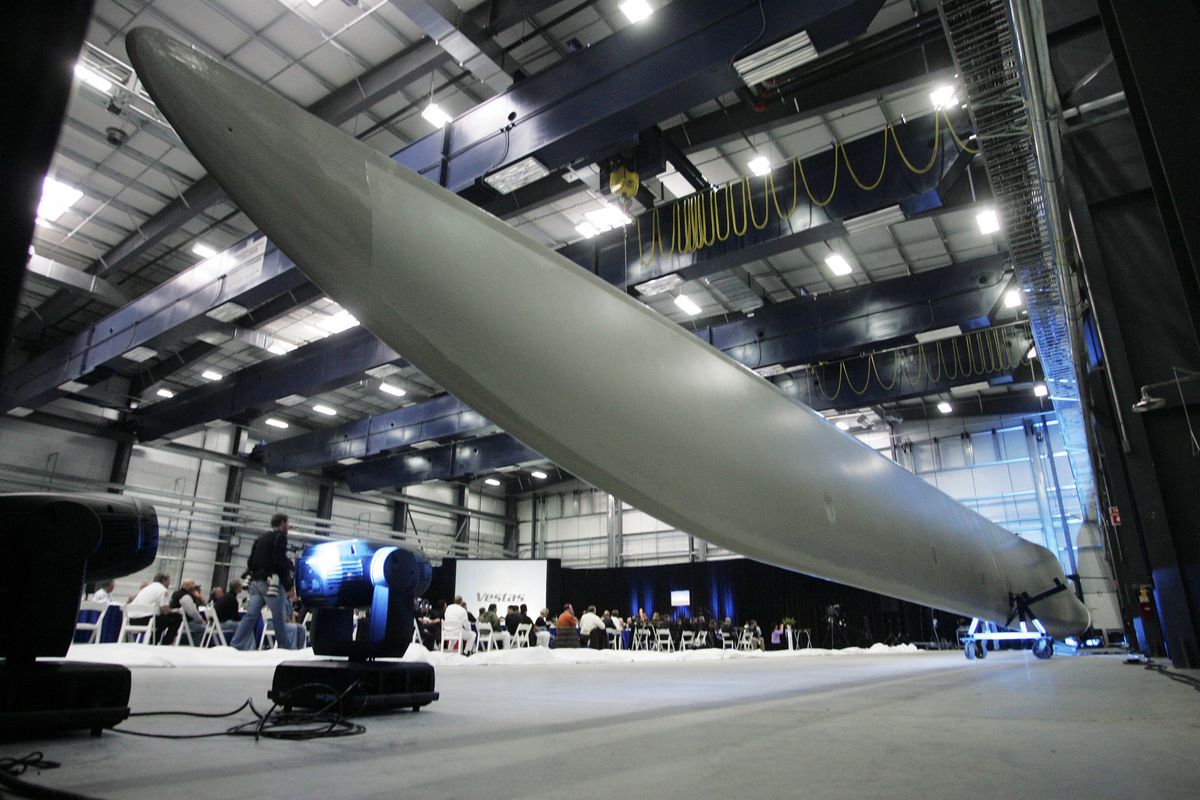 A wind turbine blade is displayed during the opening of the Vestas blade factory in Windsor, Colo., in March 2008.   (File Associated Press / The Spokesman-Review)