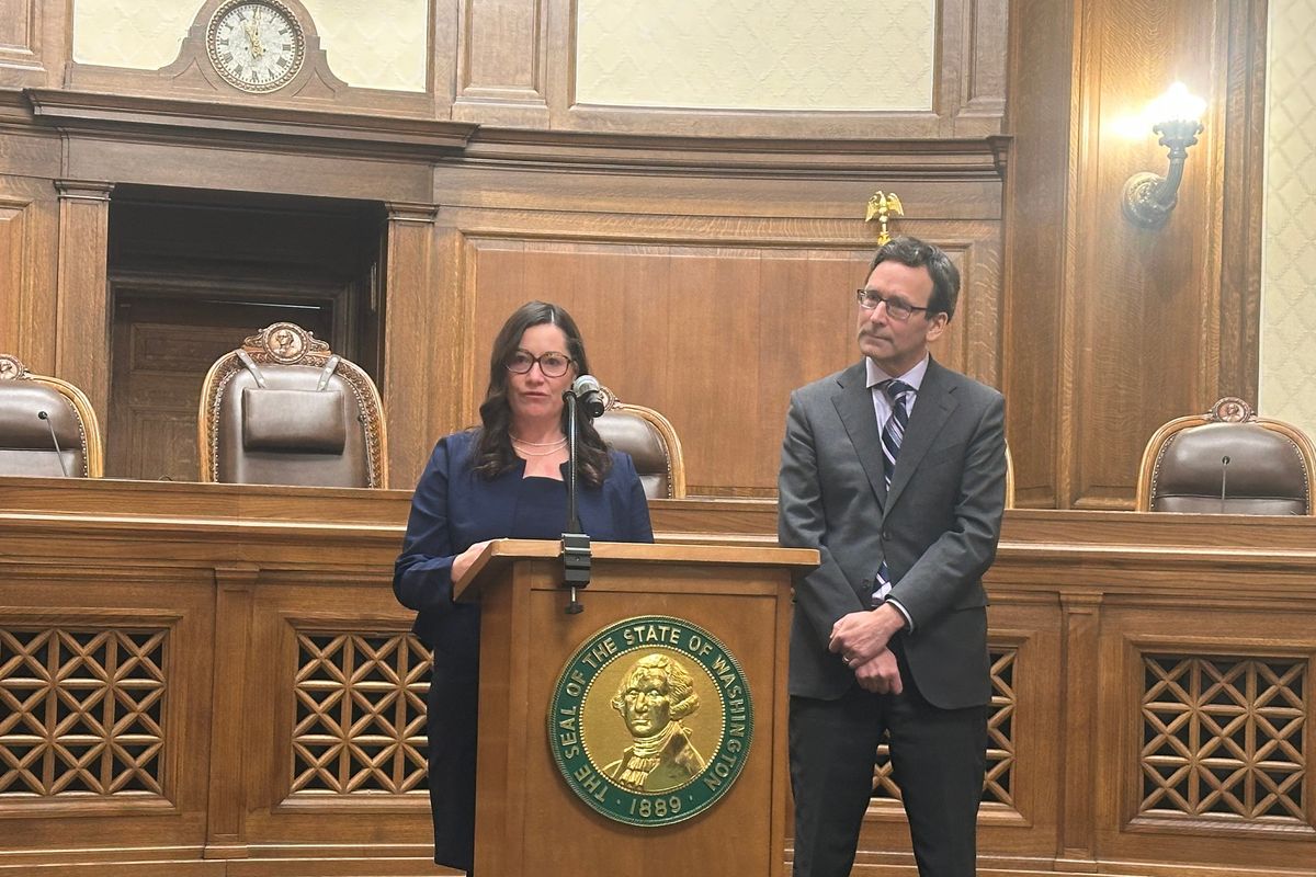 Colleen Melody speaks to the press following an announcement by Gov. Bob Ferguson that he has selected her to fill an upcoming role on the Washington state Supreme Court. (Mitchell Roland / The Spokesman-Review)