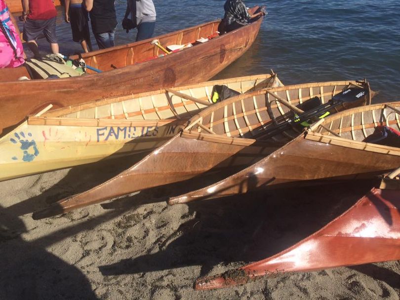 The Coeur d'Alene Indian Tribe Facebook offers photos of the crossing of Lake Coeur d'Alene by tribal members in canoes today. The caption reads: