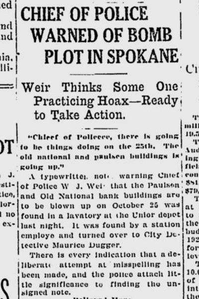 Spokane Police Chief W.J. Weir responded to an apparent bomb threat with skepticism on the front page of The Spokane Daily Chronicle on Oct. 5, 1920.  (S-R archives)
