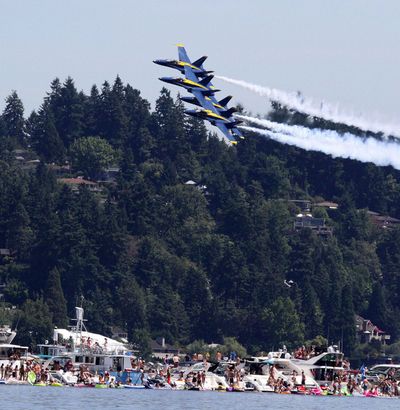 Low-fly zone: Blue Angels fly low over the log boom on Lake Washington during the Seafair festival Saturday in Seattle. (Greg Gilbert)