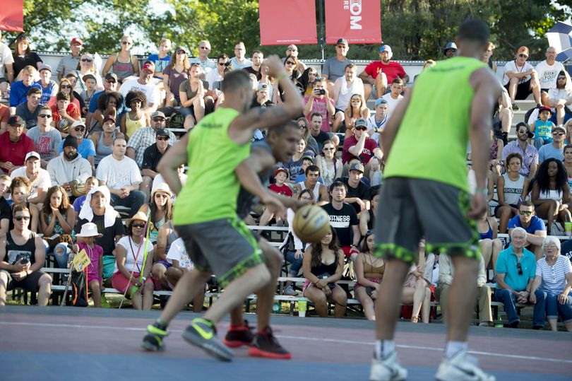 Fans watch as Spokane Club takes on Boiler Room during the Men's Over 6' Elite Championship Game during Hoopfest 2016 on Sunday, June 26, 2016, at Nike Center Court in Spokane, Wash. (Tyler Tjomsland / The Spokesman-Review)