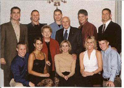 
William Roberts with his grandchildren at his 80th birthday. Back row, from left: Peter Putnam, Andy Roberts, Christopher Roberts, Tim Putnam and Chris Turnley. Middle row: Beverly and William Roberts. Seated: Tom Chapman, Jennifer Turnley, Emily Roberts, Katie Turnley and Ross Chapman. William Roberts died Sept. 19. He was 82.
 (Courtesy of family / The Spokesman-Review)