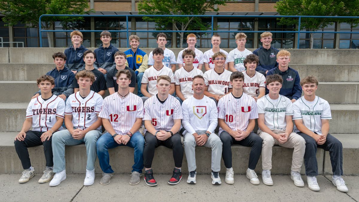 Greater Spokane League 4A/3A/2A baseball first team: Front: Brody Bugbee, sr. (LC); KJ Kinkade, sr. (LC); Marco Longo, sr. (UNI); Leyton Hurley, jr. (UNI); Coach Kevin May (UNI); Luca Longo, jr. (UNI); Mikey Macall, sr. (RL); Caden Andreas, sr. (RL). Middle: Jacob Wilson, sr. (GP); Tavish Carruthers, so. (NC); Nick Elliott, sr. (NC); 2A MVP Ollie Spencer, sr. (WV); Hewson Spencer, so. (WV); Carson Gaumer, so. (WV); Stout Symmes, jr. (WV); Connor Moffitt, sr. (MtS). Back: 4A/3A Pitcher of the year Dylan Croall, sr. (GP); Jackson Mott, sr. (GP); Ezekiel Callaham, sr. (DP); Tyson Blake, sr. (CV); Holt Dissmore, so. (FER); Colton Smith, so. (FER); Kyler Goll, so. (EV); 4A/3A Offensive MVP Braeden Parker, sr. (MtS). Not pictured: 4A/3A MVP Anthony Karis, sr. (GP); Ian Olietti, jr. (DP); Brody Barnett, so. (PUL); Kendry Gimlin, so. (CLK); Will Denney, jr. (PUL); Adrian Hecker, so. (PUL); Tucker Green, sr. (CLK); Coach Kevin Agnew (PUL). (COLIN MULVANY/THE SPOKESMAN-REVIEW)