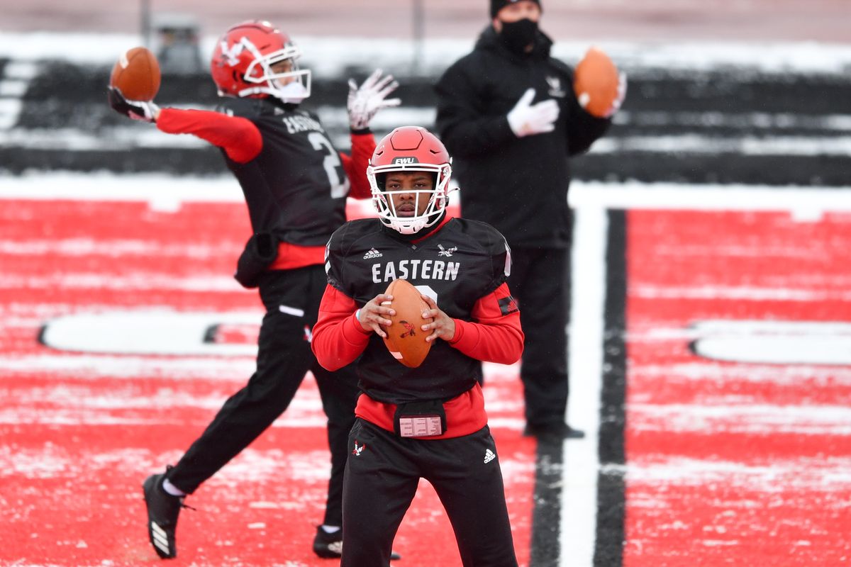 Eastern Washington quarterback Eric Barriere, selected as preseason Big Sky Conference Offensive Player of the Year, scans the field during practice Feb. 16 at Roos Field.  (Tyler Tjomsland/The Spokesman-Review)