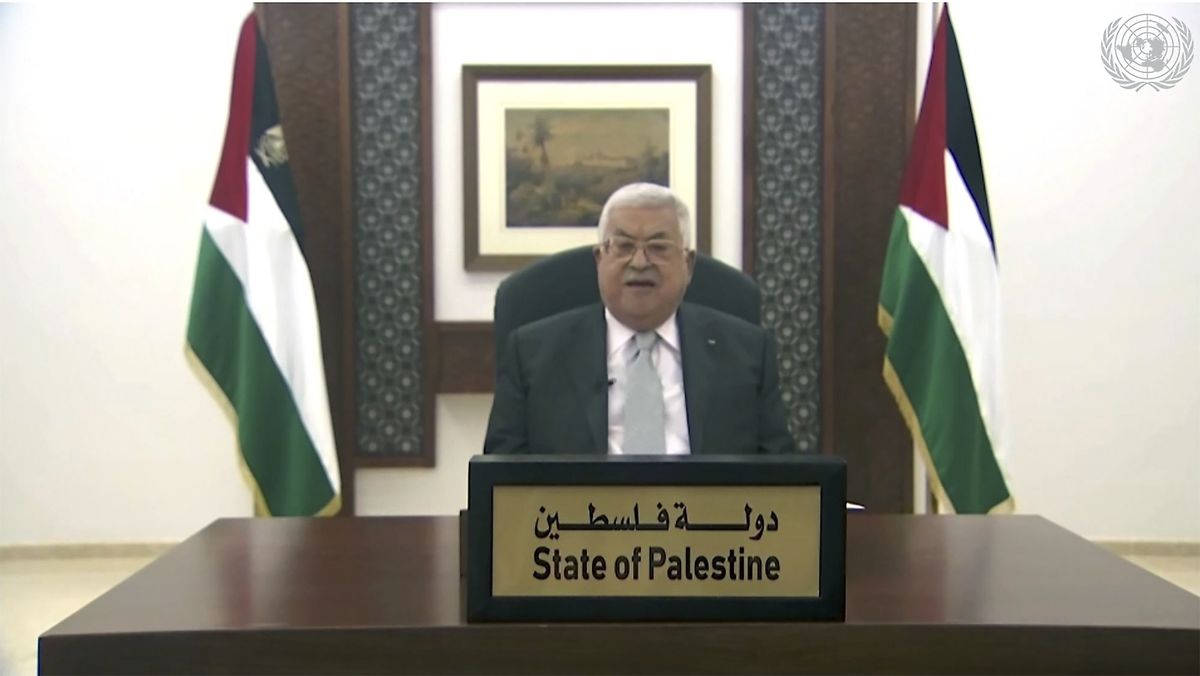 In this image made from UNTV video, Palestinian President Mahmoud Abbas speaks in a pre-recorded message which was played during the 75th session of the United Nations General Assembly, Friday, Sept. 25, 2020, at UN headquarters, in New York.  (HONS)