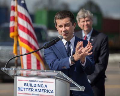 U.S. Transportation Secretary Pete Buttigieg speaks in Savannah, Ga., on Dec. 17, 2021. AT&T and Verizon said Monday they will delay activating new 5G wireless service for two weeks at Buttigieg's request.   (Associated Press )