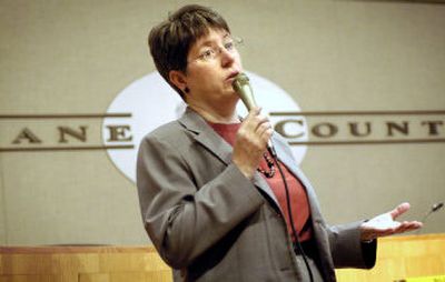 
At a public meeting Tuesday evening, Spokane County Auditor Vicky Dalton makes the case for her proposal to have all voters in the county vote by mail. 
 (Holly Pickett / The Spokesman-Review)