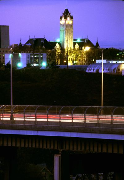 Like a fairy princess castle, the Spokane county Court House lights up the city's skyline. (Colin Mulvany / The Spokesman-Review)