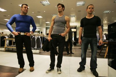 Gavin Jones, left, head of the Australian company Equmen, stands next to models, all wearing underwear for men made with a special blend of Spandex, nylon and polyester materials, at a central London department store.  (Associated Press / The Spokesman-Review)