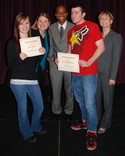 Alexandra Franklin, left, and Christian Mashtare, second from right, both of Rogers High School, are seen with  members of the Spokane Bar Association’s Committee for Diversity, Jaime Hawk, second from left, Francis Adewale  and Susan Miller.Courtesy of Spokane Public Schools (Courtesy of Spokane Public Schools)