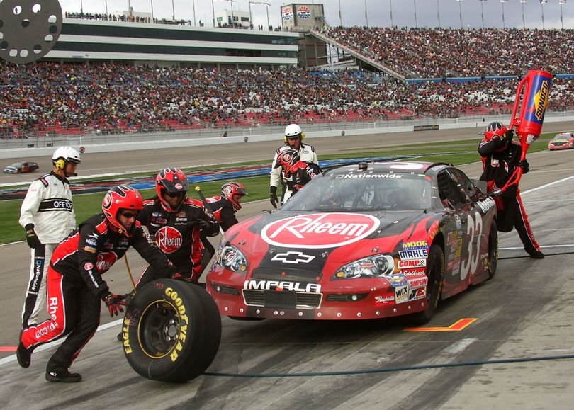 The crew of Kevin Harvick’s No. 33 Rheem Chevrolet perform a pit stop during the NASCAR Nationwide Series Sam's Town 300 at Las Vegas Motor Speedway. (Photo courtesy Jerry Marksland for Getty Images/NASCAR)