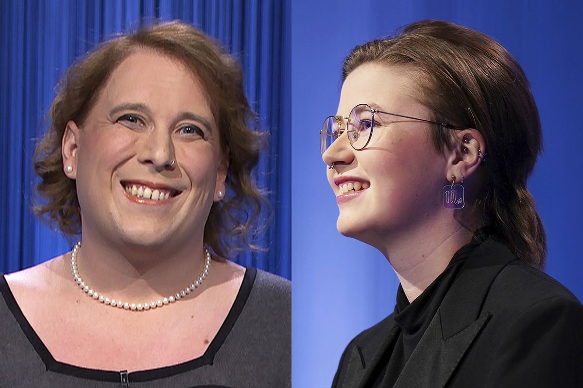 This combination of two separate photos shows contestants Amy Schneider, left, and Mattea Roach on "Jeopardy!" The game show has been enjoying an unusual run of super champs. Schneider and Roach were notable for their impressive breadth of knowledge, and they were rarely wrong.  (HONS)