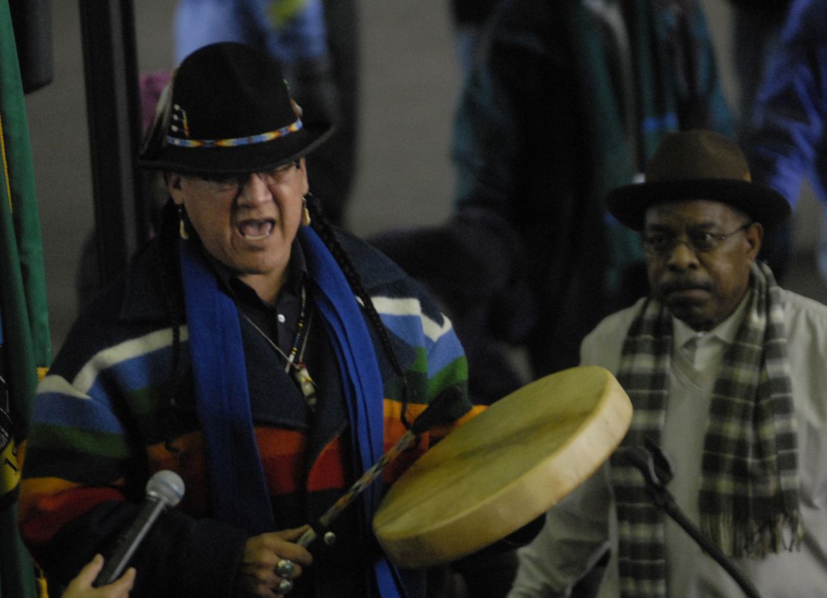 David BrownEagle, of the Spokane Tribe, asked the audience to think about the struggles of their ancestors while he drummed a traditional Native American song during the annual Martin Luther King Jr. Day celebration Monday at the INB Performing Arts Center in Spokane.  (J. BART RAYNIAK / The Spokesman-Review)