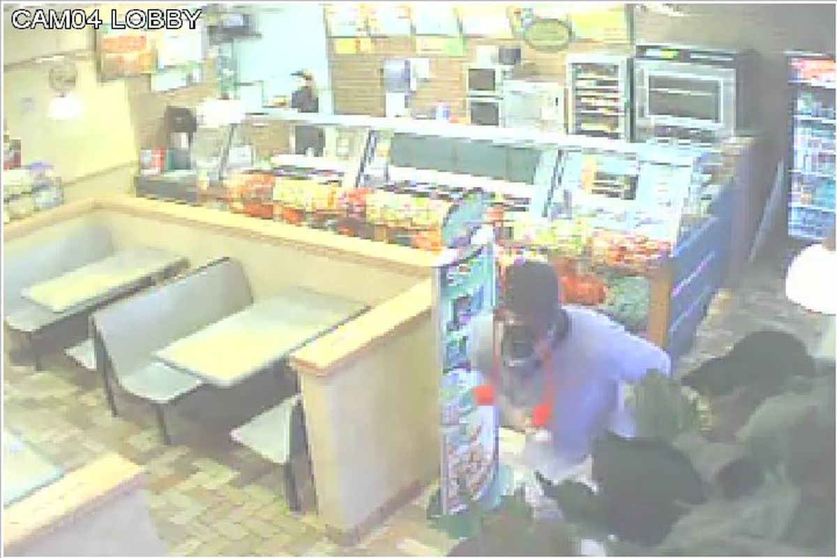 These are surveillance photos of a gunpoint robbery at Subway, 3014 E. 29th Ave., at 8:40 p.m. on July 6. Crime Stoppers is offering a reward for tips that lead to an arrest. (Crime Stoppers)