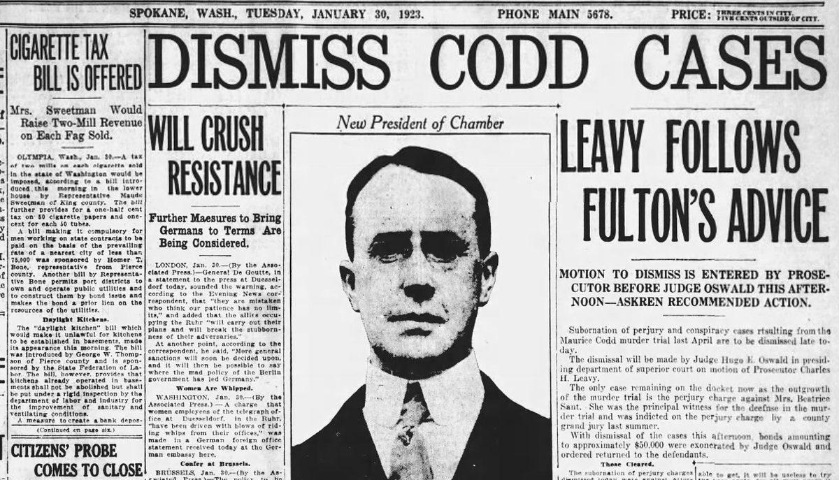Most of the remaining charges were dismissed in the Maurice Codd subornation of perjury trial, the Spokane Daily Chronicle reported on Jan. 30, 1923. The newspaper also reported that Nell Shipman’s locally filmed movie, “The Grub Stake,” was booked into Spokane’s Casino Theater on Feb. 17 for its world premiere showing.  (Spokesman-Review archives)