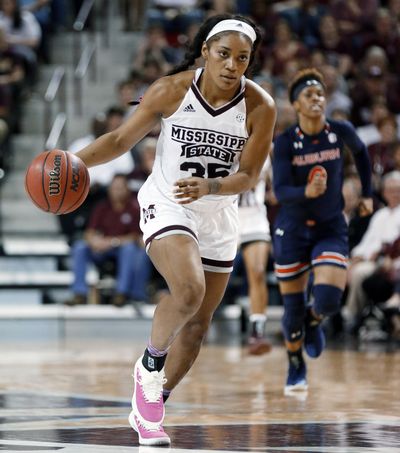Mississippi State guard Victoria Vivians leads a fast break against Auburn on Thursday night in Starkville, Miss. The Bulldogs won 82-61. (Rogelio V. Solis / Associated Press)