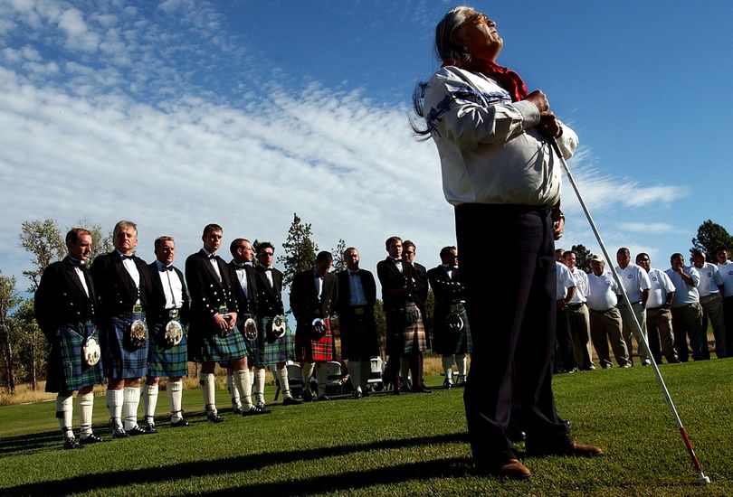 Coeur d'Alene Tribe elder Cliff SiJohn announced the arrival of Scotland's Royal Dornoch Golf Club during the opening ceremony of the Circling Raven/Royal Dornoch Challenge at the golf course in Worley in 2005.  (Kathy Plonka)