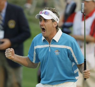 Europe’s Ian Poulter reacts after his putt on the 18th hole. The U.S. is ahead 9-7 going into the final day.  (Associated Press / The Spokesman-Review)