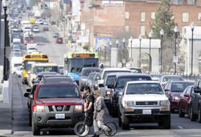 
The Monroe Street Bridge is busy during afternoon rush hour now that road closures have limited access to the Maple Street Bridge. 
 (Jesse Tinsley / The Spokesman-Review)