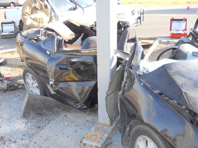 This car was involved in a high speed crash at Trent and Progress on Tuesday, Oct. 9, 2012. (Photo courtesy the Spokane Valley Fire Department)