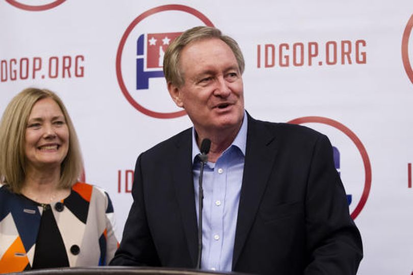 Idaho Sen. Mike Crapo, with wife Susan, addresses cheering supporters Tuesday night in Boise (AP / Otto Kitsinger)