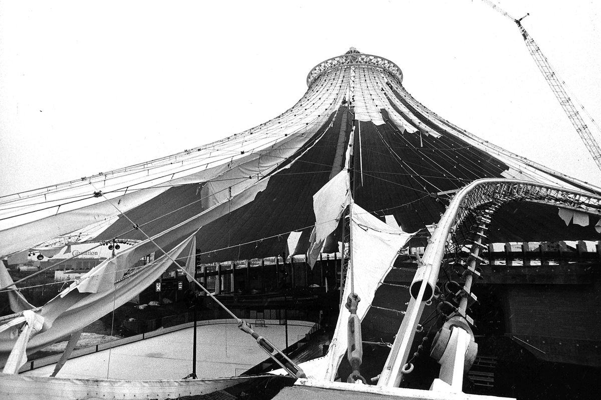 A 1979 photo showing the damage to the covering of the U.S. Pavilion in Riverfront Park. The Pavilion is the landmark structure from Expo 74. (The Spokesman-Review photo archive / sr)
