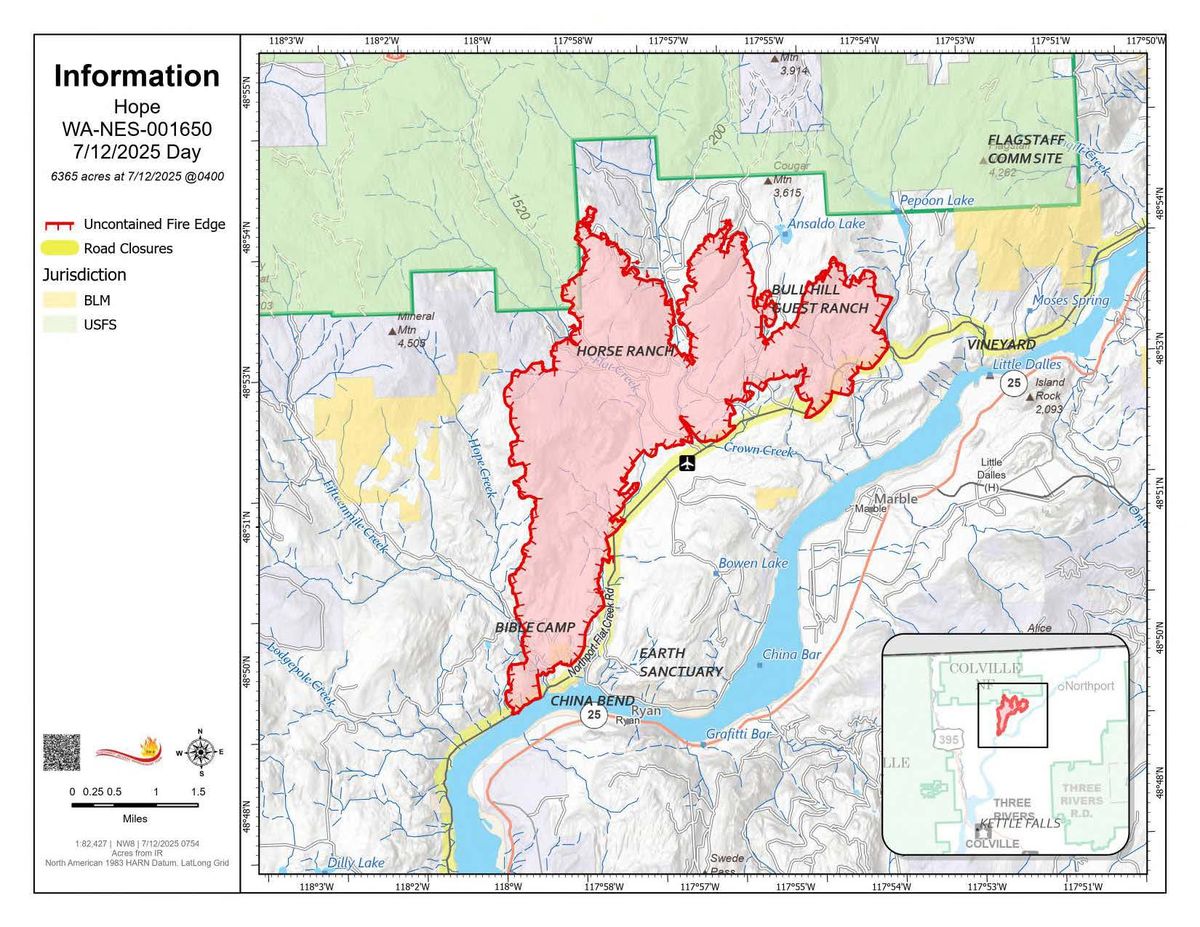 The Hope Fire, a large fire about 5 miles southwest of Northpoint has grown to 6,365 acres. This map shows the spread of the wildfire and the roads that are closed. (Courtesy of Northwest Incident Management Team 8)