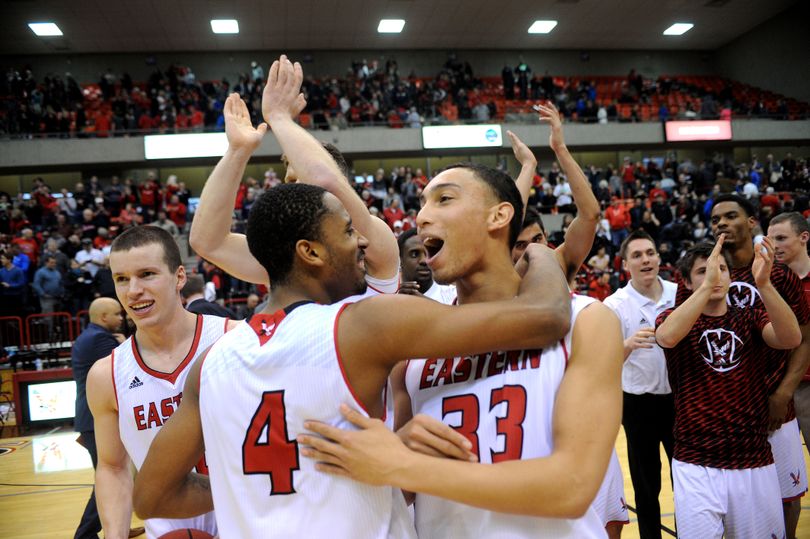 Eastern Washington celebrates after defeating Idaho during a college basketball game on Saturday, Jan 31, 2015, in Cheney, Wash. (Tyler Tjomsland / The Spokesman-Review)