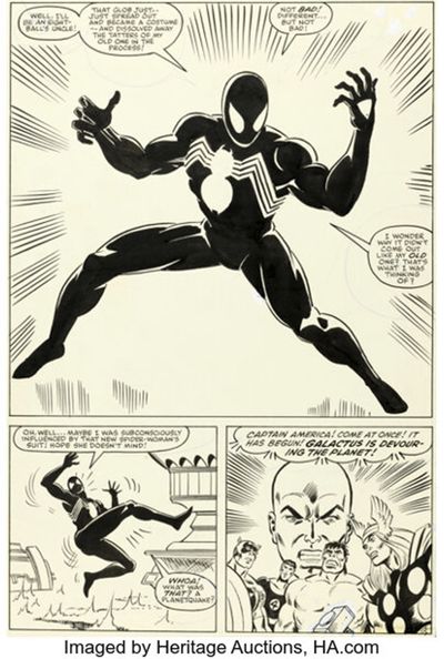 This image provided by Heritage Auctions shows Page 25 from the 1984 Marvel comic Secret Wars No. 8, which tells the origin story of Spider-Man's now-iconic black costume.  (HONS)