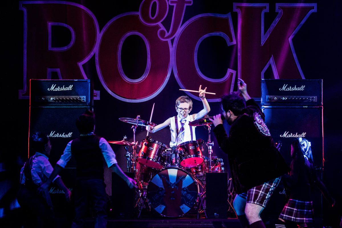Cameron Trueblood plays drums in the touring Broadway musical “School of Rock,” which opens Wednesday at the First Interstate Center for the Arts in Spokane. (Evan Zimmerman)