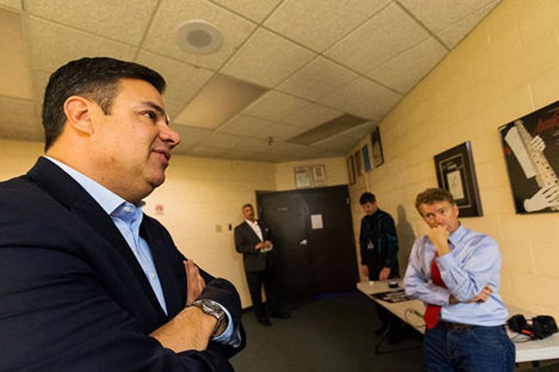 U.S. Rep. Raul Labrador discusses his support for presidential candidate Rand Paul prior to introducing U.S. Sen. Paul. (Coeur d'Alene Press photo: Shawn Gust)