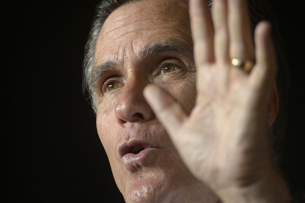 Republican Presidential candidate Mitt Romney speaks during a presidential campaign rally at Wings of the Rockies Air and Space Museum on Monday, Oct. 1, 2012, in Denver. (Aaron Ontiveroz / The Denver Post)