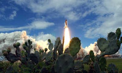 
With cactus seen in the foreground, the space shuttle Discovery lifts off Tuesday from the Kennedy Space Center in Cape Canaveral, Fla. Associated Press photos
 (Associated Press photos / The Spokesman-Review)